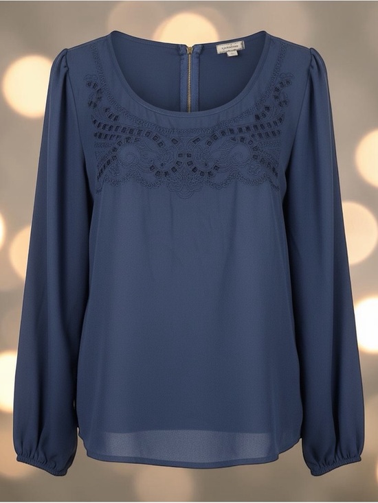 Eyeshadow Tops - Eyeshadow Dusty Blue Scoop-Neck Blouse with Eyelet Detail